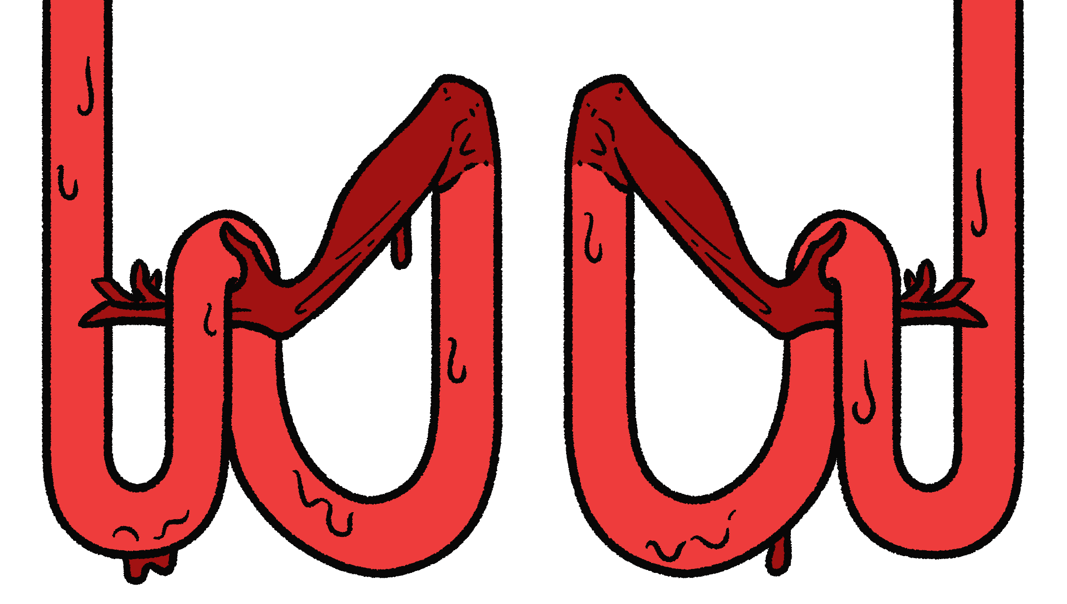 Illustration of a bloody intestines that terminate in red arms that hold their own intestines up.